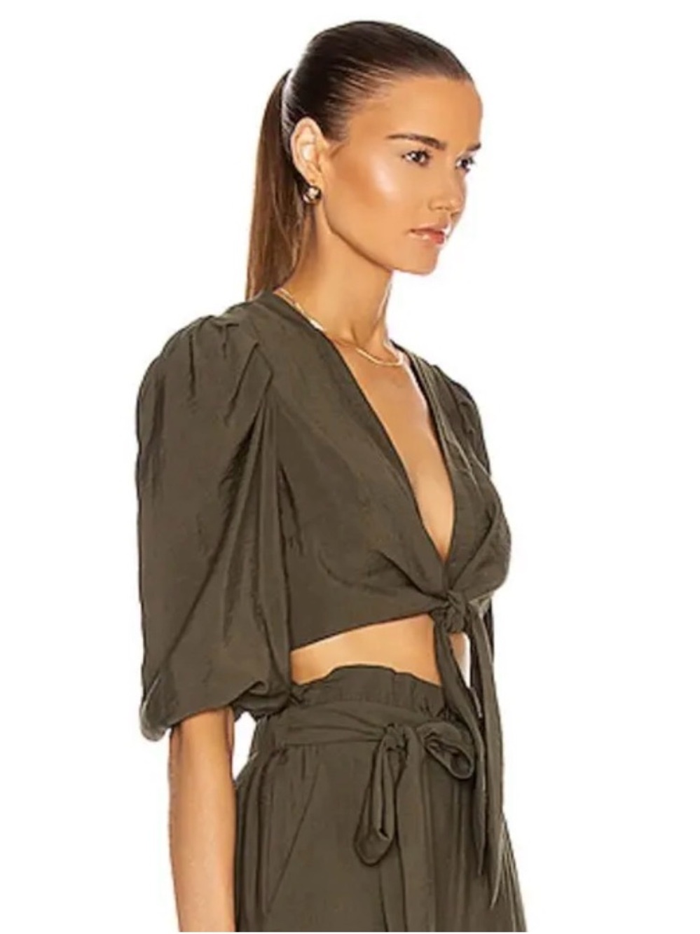 Jonathan Simkhai Adria Solid Olive Tie-Front Puff Sleeve Crop Top Sz L